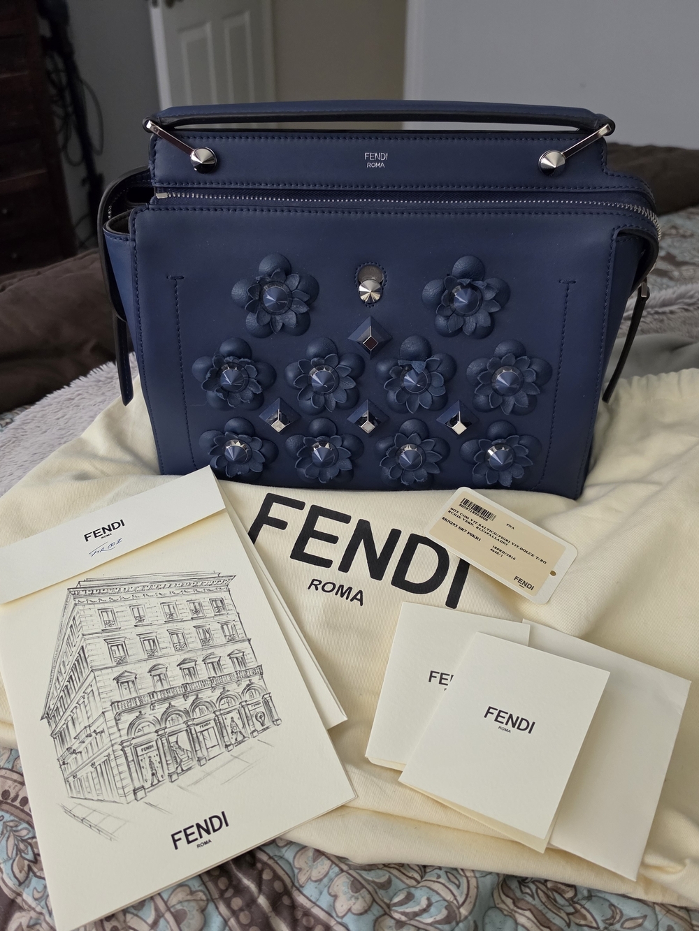 Fendi Blue Floral Embellished Leather Shoulder Bag